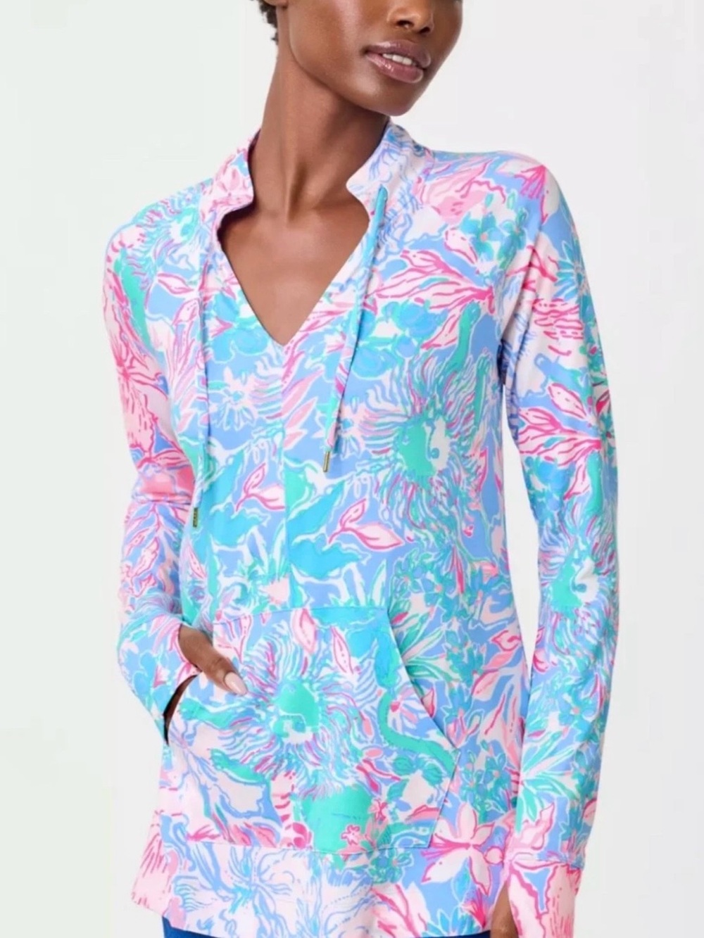 Lilly Pulitzer Blue, Pink & Aqua Floral V-Neck Hooded Swim Coverup